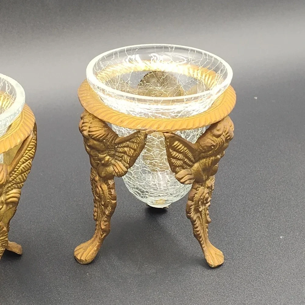 ✅📸Set-2 Brass Angel Footed Holder Vintage Cups Glass Candle Stand Orb India📏👀